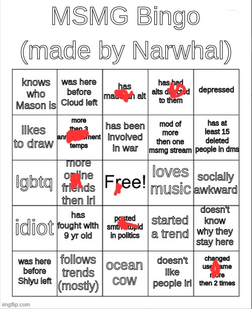 msmg bingo | image tagged in msmg bingo | made w/ Imgflip meme maker