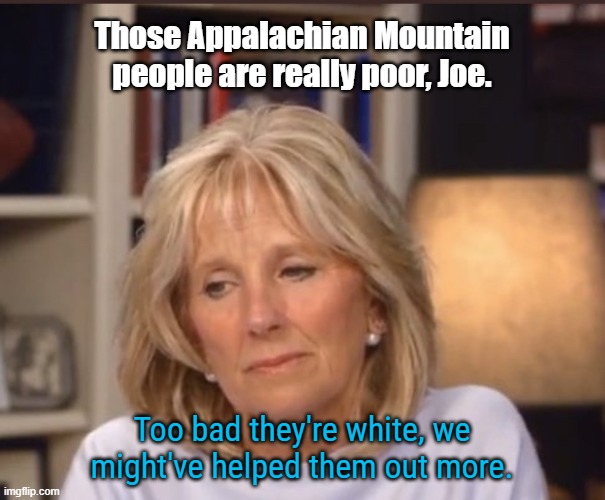 Jill Biden meme | Those Appalachian Mountain people are really poor, Joe. Too bad they're white, we might've helped them out more. | image tagged in jill biden meme | made w/ Imgflip meme maker