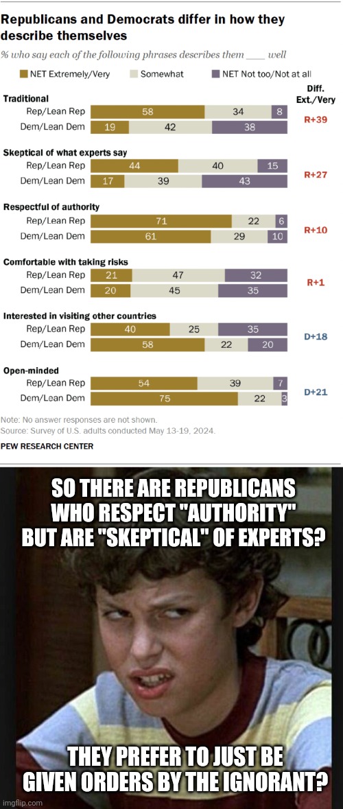 At least 15% | SO THERE ARE REPUBLICANS WHO RESPECT "AUTHORITY" BUT ARE "SKEPTICAL" OF EXPERTS? THEY PREFER TO JUST BE GIVEN ORDERS BY THE IGNORANT? | image tagged in disgusted face,maga idiots,undeserving of a place in the discussion | made w/ Imgflip meme maker