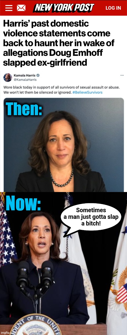 Another flip-flop | Then:; Now:; Sometimes
a man just gotta slap
a bitch! | image tagged in memes,kamala harris,doug emhoff,democrats,abuse,hypocrisy | made w/ Imgflip meme maker