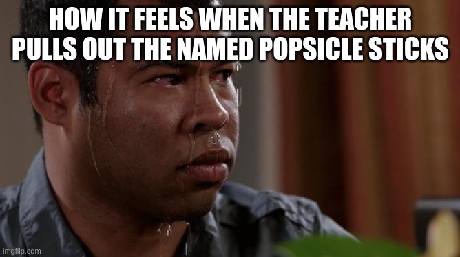 Average class experience | HOW IT FEELS WHEN THE TEACHER PULLS OUT THE NAMED POPSICLE STICKS | image tagged in sweating bullets | made w/ Imgflip meme maker