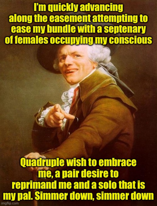 Apologies to The Eagles | I’m quickly advancing along the easement attempting to ease my bundle with a septenary of females occupying my conscious; Quadruple wish to embrace me, a pair desire to reprimand me and a solo that is my pal. Simmer down, simmer down | image tagged in memes,joseph ducreux | made w/ Imgflip meme maker