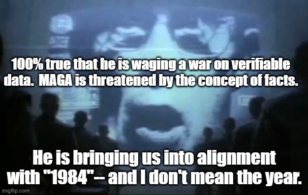 Big Brother | 100% true that he is waging a war on verifiable data.  MAGA is threatened by the concept of facts. He is bringing us into alignment with "19 | image tagged in big brother | made w/ Imgflip meme maker