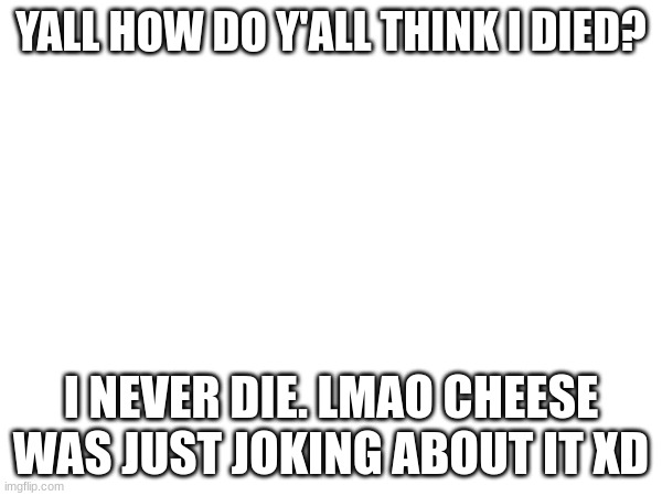 you see, Cheese is a friend of my. also a classmate | YALL HOW DO Y'ALL THINK I DIED? I NEVER DIE. LMAO CHEESE WAS JUST JOKING ABOUT IT XD | made w/ Imgflip meme maker