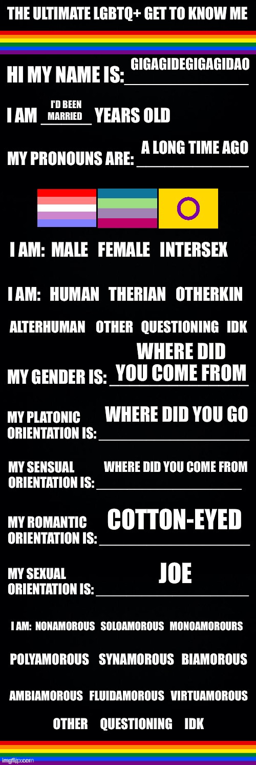 The ultimate LGBTQ+ get to know me | GIGAGIDEGIGAGIDAO; I'D BEEN MARRIED; A LONG TIME AGO; WHERE DID YOU COME FROM; WHERE DID YOU GO; WHERE DID YOU COME FROM; COTTON-EYED; JOE | image tagged in the ultimate lgbtq get to know me | made w/ Imgflip meme maker
