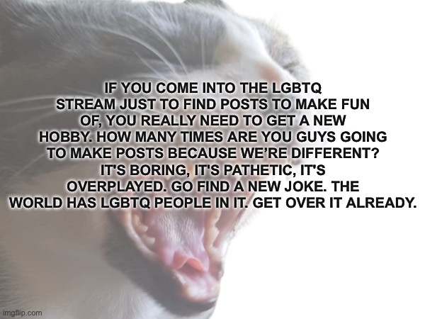 An lgbt person once said: | IF YOU COME INTO THE LGBTQ STREAM JUST TO FIND POSTS TO MAKE FUN OF, YOU REALLY NEED TO GET A NEW HOBBY. HOW MANY TIMES ARE YOU GUYS GOING TO MAKE POSTS BECAUSE WE’RE DIFFERENT? IT'S BORING, IT'S PATHETIC, IT'S OVERPLAYED. GO FIND A NEW JOKE. THE WORLD HAS LGBTQ PEOPLE IN IT. GET OVER IT ALREADY. | made w/ Imgflip meme maker