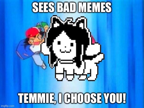 TEMMIE I CHOOSE YOU | SEES BAD MEMES; TEMMIE, I CHOOSE YOU! | image tagged in i choose you,temmie,undertale,memes,pokemon,pokeball | made w/ Imgflip meme maker