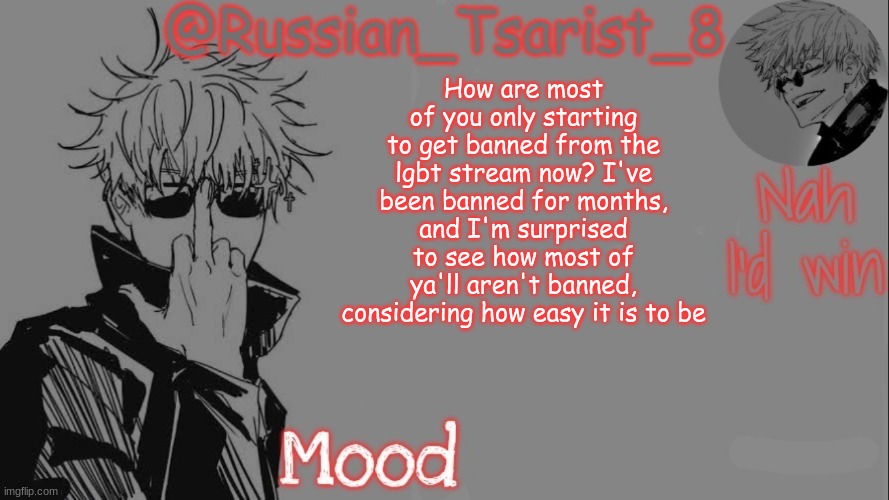 Russian_Tsarist_8 announcement temp (Thanks, Gojo-Satoru) | How are most of you only starting to get banned from the lgbt stream now? I've been banned for months, and I'm surprised to see how most of ya'll aren't banned, considering how easy it is to be | image tagged in russian_tsarist_8 announcement temp thanks gojo-satoru | made w/ Imgflip meme maker