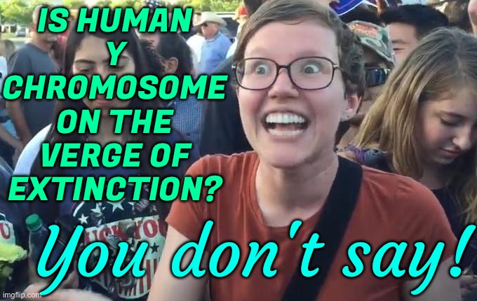 Human Y Chromosome On The Verge Of Extinction | IS HUMAN
Y
CHROMOSOME
ON THE
VERGE OF
EXTINCTION? You don't say! | image tagged in happy liberal,dna,male,genetics,human evolution,gender identity | made w/ Imgflip meme maker