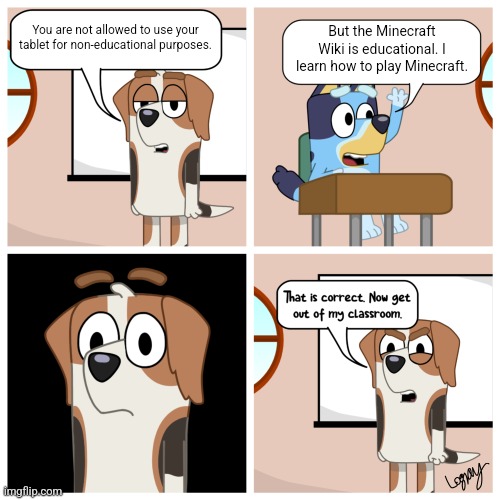 Bluey at school | You are not allowed to use your tablet for non-educational purposes. But the Minecraft Wiki is educational. I learn how to play Minecraft. | image tagged in bluey at school | made w/ Imgflip meme maker