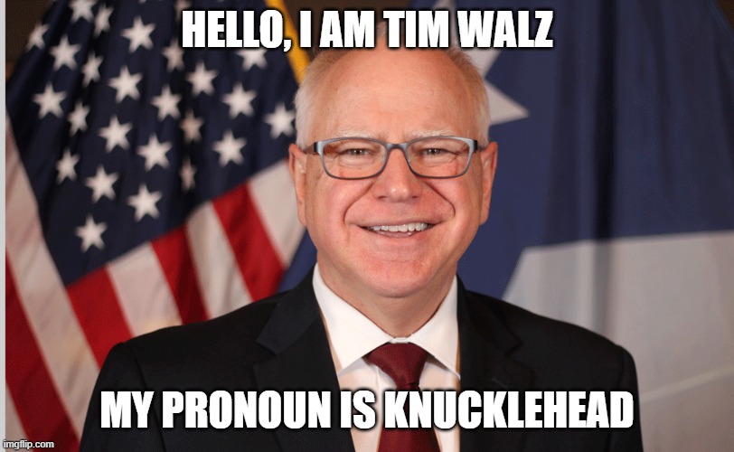 Tim Walz is right! | HELLO, I AM TIM WALZ; MY PRONOUN IS KNUCKLEHEAD | image tagged in democrats,liberals,woke,tim walz,kamala harris,leftists | made w/ Imgflip meme maker