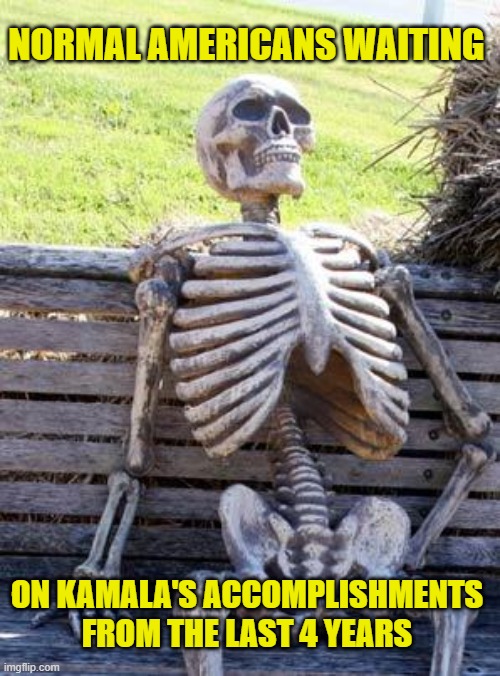 Come on already, Harris | NORMAL AMERICANS WAITING; ON KAMALA'S ACCOMPLISHMENTS FROM THE LAST 4 YEARS | image tagged in kamala harris,democrats,liberals,biased media,woke,leftists | made w/ Imgflip meme maker