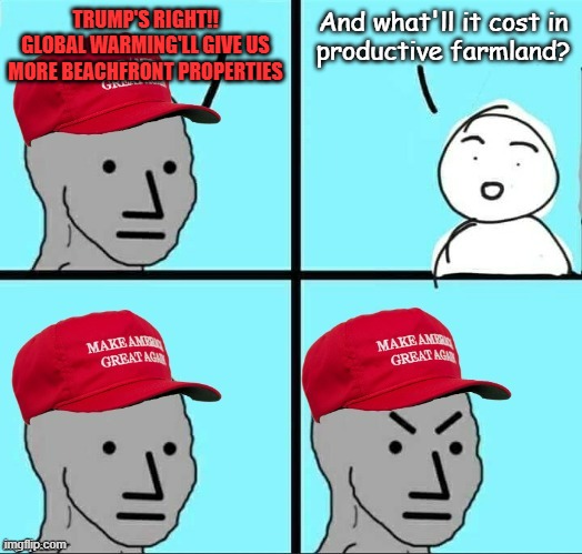 Sidenote: parroting the "more beachfront properties" talking point is tacit admission global warming is real. | TRUMP'S RIGHT!! GLOBAL WARMING'LL GIVE US MORE BEACHFRONT PROPERTIES; And what'll it cost in
productive farmland? | image tagged in maga npc an an0nym0us template,lol so funny,oops,like a scottish tidewall | made w/ Imgflip meme maker