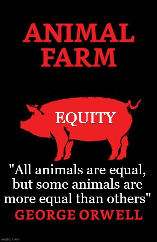 FEMA / Kamala think aid for floods, hurricanes, etc. should be based on race/gender for the sake of equity. | EQUITY; "All animals are equal, 
but some animals are 
more equal than others" | image tagged in george orwell,the future,prophecy,animals,equity,liberalism | made w/ Imgflip meme maker