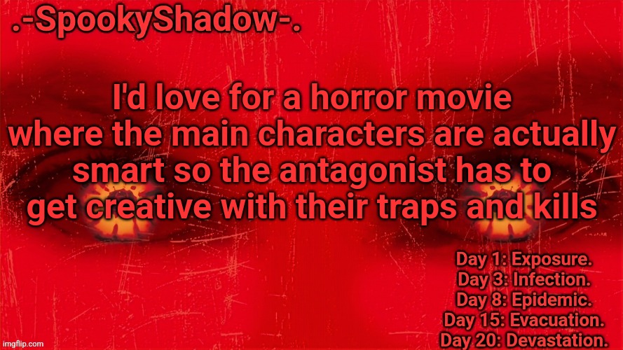 .-SpookyShadow-. Announcement Temp | I'd love for a horror movie where the main characters are actually smart so the antagonist has to get creative with their traps and kills | image tagged in -spookyshadow- announcement temp | made w/ Imgflip meme maker