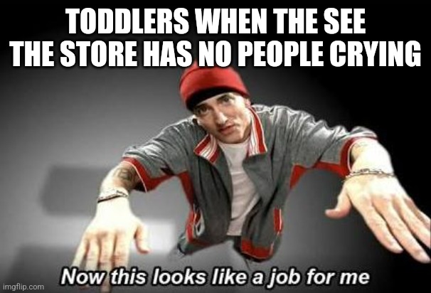 Now this looks like a job for me | TODDLERS WHEN THE SEE THE STORE HAS NO PEOPLE CRYING | image tagged in now this looks like a job for me | made w/ Imgflip meme maker