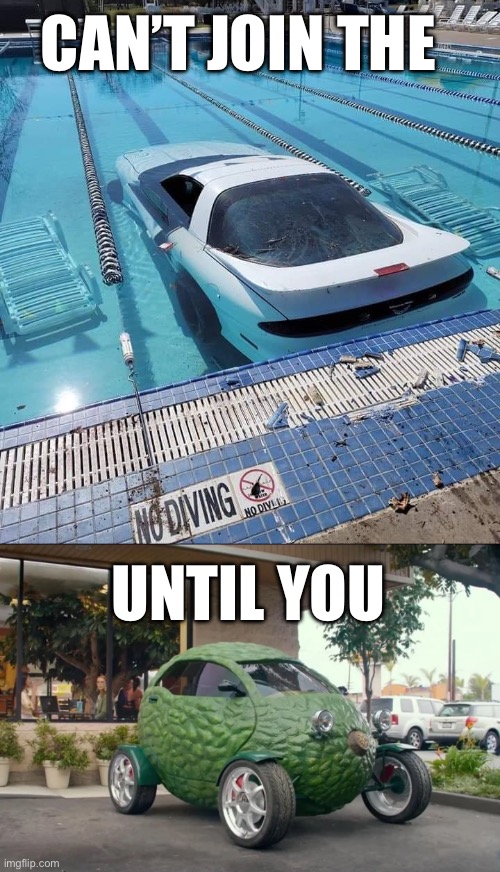 This is why I ride the bus | CAN’T JOIN THE; UNTIL YOU | image tagged in car in pool,avocado,car,pool | made w/ Imgflip meme maker