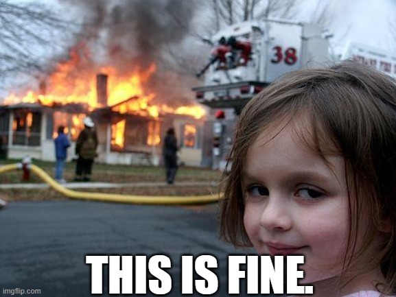 "This is fine" IRL | THIS IS FINE. | image tagged in memes,disaster girl | made w/ Imgflip meme maker