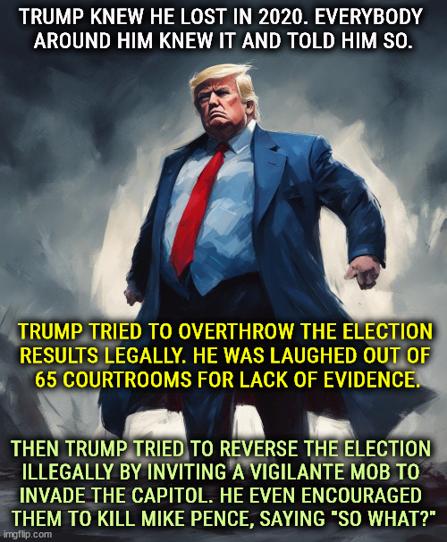 Donald Trump, defendant, and rightly so | TRUMP KNEW HE LOST IN 2020. EVERYBODY 
AROUND HIM KNEW IT AND TOLD HIM SO. TRUMP TRIED TO OVERTHROW THE ELECTION 

RESULTS LEGALLY. HE WAS LAUGHED OUT OF 
65 COURTROOMS FOR LACK OF EVIDENCE. THEN TRUMP TRIED TO REVERSE THE ELECTION 

ILLEGALLY BY INVITING A VIGILANTE MOB TO 
INVADE THE CAPITOL. HE EVEN ENCOURAGED 
THEM TO KILL MIKE PENCE, SAYING "SO WHAT?" | image tagged in trump,sore loser,coup,violence,selfishness,voter fraud | made w/ Imgflip meme maker