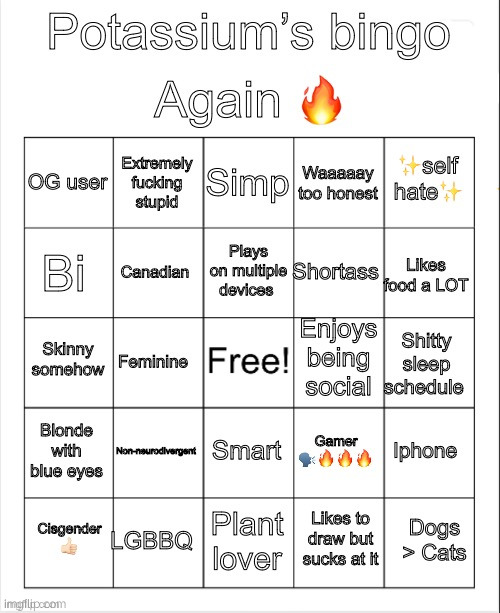 shitty bingo but whatever | image tagged in potassium bingo v4 | made w/ Imgflip meme maker