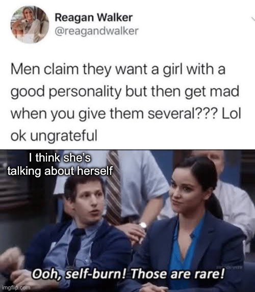 I think she’s talking about herself | image tagged in ooh self-burn those are rare,personality,multiple,personality disorders | made w/ Imgflip meme maker