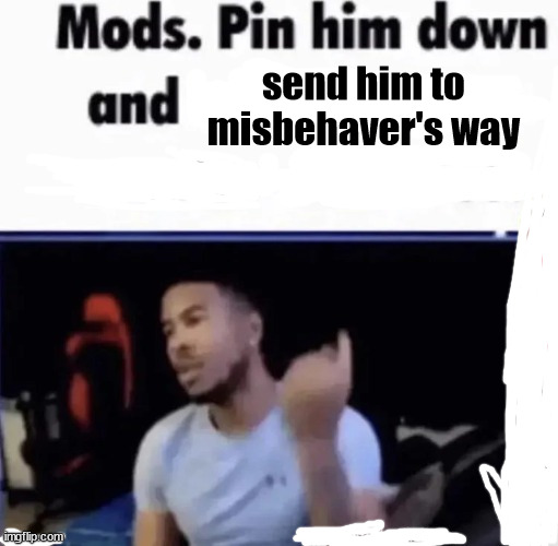 Mods pin him down and counter | send him to misbehaver's way | image tagged in mods pin him down and counter | made w/ Imgflip meme maker