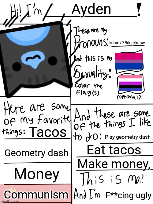 Quick introduction | Ayden; I/don't/f**king/know; Tacos; Play geometry dash; Geometry dash; Eat tacos; Make money, Money; Communism; F**cing ugly | image tagged in lgbtq stream account profile | made w/ Imgflip meme maker