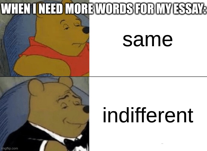 need... more... WORDS!! | WHEN I NEED MORE WORDS FOR MY ESSAY:; same; indifferent | image tagged in memes,tuxedo winnie the pooh | made w/ Imgflip meme maker