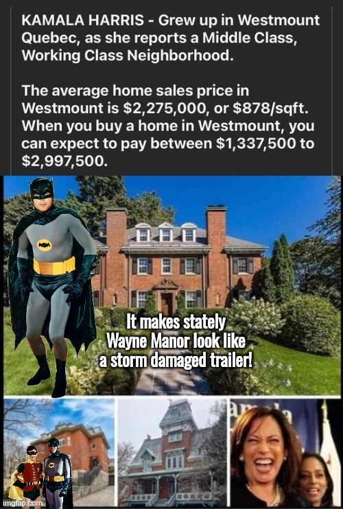 Hobama's Mansion makes Wayne Manor look like a dump | It makes stately Wayne Manor look like a storm damaged trailer! | image tagged in batman,kamala harris,mansion,wealth | made w/ Imgflip meme maker