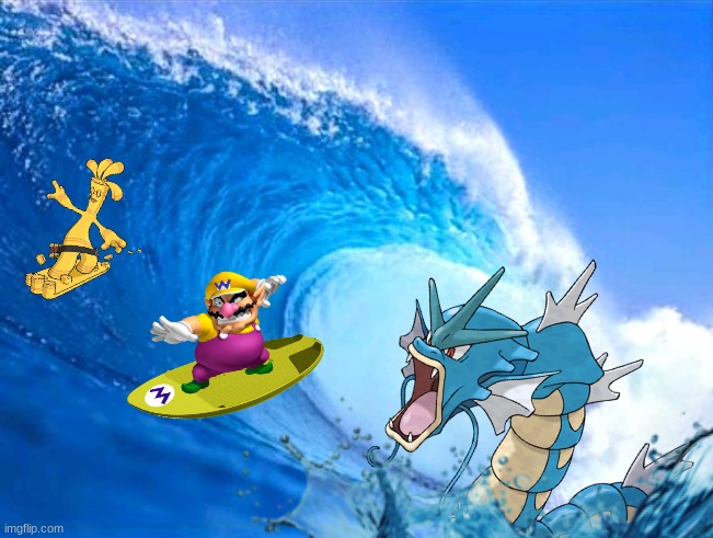 Wario tries to surf like Gholdengo and gets killed by a Gyarados.mp3 | made w/ Imgflip meme maker