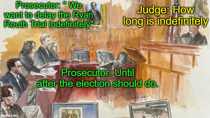 Ryan Routh Court Trial Indefinite Delay Reqquest | Judge: How long is indefinitely; Prosecutor: " We want to delay the Ryan Routh Trial indefinitely"; Prosecutor: Until after the election should do. | image tagged in ryan routh court trial | made w/ Imgflip meme maker