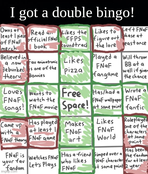 FNAF bingo!!! | I got a double bingo! | image tagged in black background,fnaf bingo | made w/ Imgflip meme maker