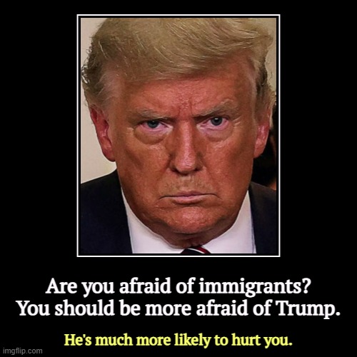 He's more afraid of Democrats than he is of Iranians or Russians. That's because Democrats see through his bullshit. | Are you afraid of immigrants?
You should be more afraid of Trump. | He's much more likely to hurt you. | image tagged in funny,demotivationals,illegal immigration,trump,violent,hurt | made w/ Imgflip demotivational maker