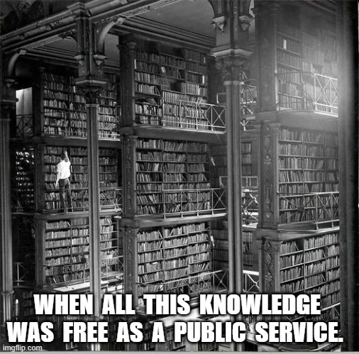 Forgotten Idea | WHEN  ALL  THIS  KNOWLEDGE  WAS  FREE  AS  A  PUBLIC  SERVICE. | image tagged in library | made w/ Imgflip meme maker