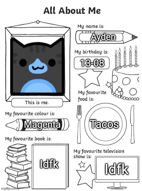 Idfk | Ayden; 13-08; Tacos; Magenta; Idfk; Idfk | image tagged in all about me but fixed captions | made w/ Imgflip meme maker