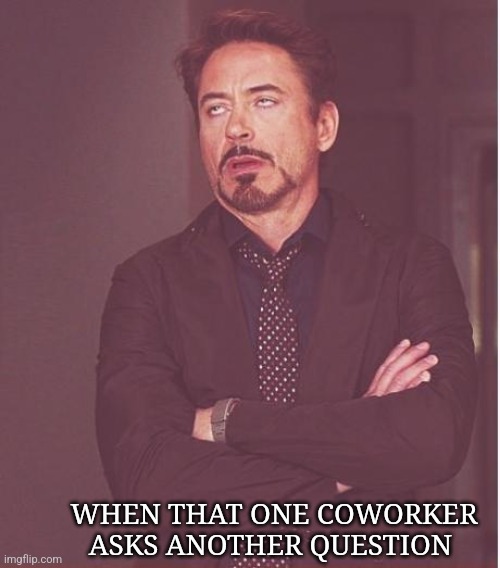 Face You Make Robert Downey Jr Meme | WHEN THAT ONE COWORKER ASKS ANOTHER QUESTION | image tagged in memes,face you make robert downey jr | made w/ Imgflip meme maker