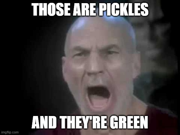 Picard Four Lights | THOSE ARE PICKLES AND THEY'RE GREEN | image tagged in picard four lights | made w/ Imgflip meme maker