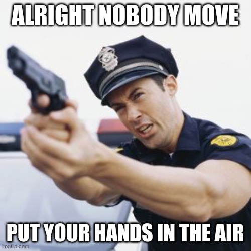 Cop with gun drawn | ALRIGHT NOBODY MOVE PUT YOUR HANDS IN THE AIR | image tagged in cop with gun drawn | made w/ Imgflip meme maker