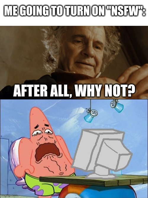 Something happened | ME GOING TO TURN ON "NSFW":; AFTER ALL, WHY NOT? | image tagged in bilbo - why shouldn t i keep it,patrick star cringing,cringe,nsfw,memes | made w/ Imgflip meme maker