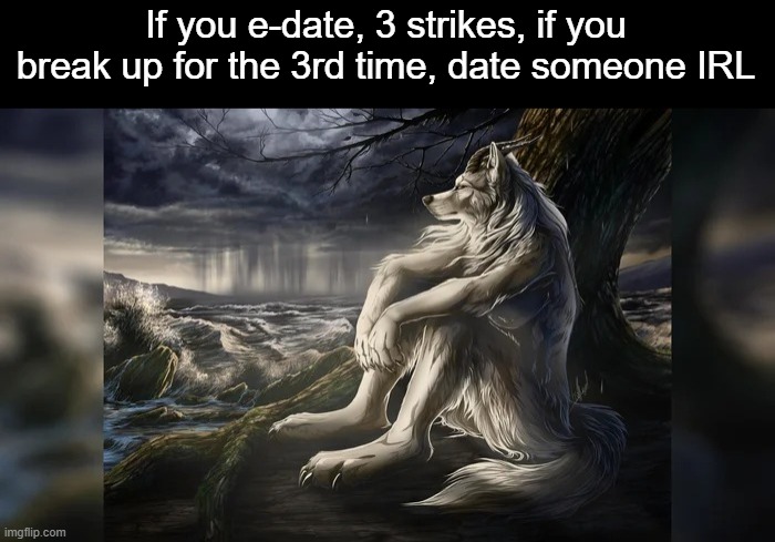 Sigma Wolf | If you e-date, 3 strikes, if you break up for the 3rd time, date someone IRL | image tagged in sigma wolf | made w/ Imgflip meme maker