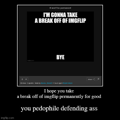 I hope you take a break off of imgflip permanently for good | you pedophile defending ass | image tagged in funny,demotivationals | made w/ Imgflip demotivational maker