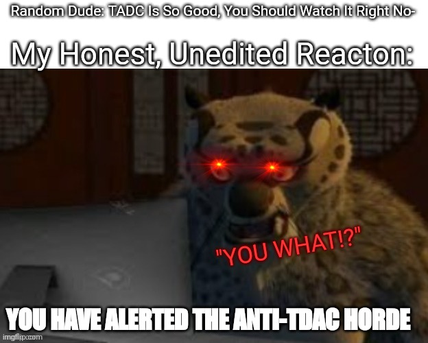 And I. MEAN. IT. (Although I'm Not Forcefully Not Hating On MOST Of The Fans, But THE SHOW ITSELF.) | My Honest, Unedited Reacton:; Random Dude: TADC Is So Good, You Should Watch It Right No-; "YOU WHAT!?"; YOU HAVE ALERTED THE ANTI-TDAC HORDE | image tagged in tai lung at the computer,the amazing digital circus,no,angery,haters,oh wow are you actually reading these tags | made w/ Imgflip meme maker