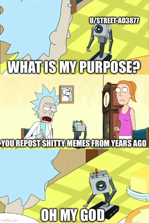 What's My Purpose - Butter Robot | U/STREET-AD3877; WHAT IS MY PURPOSE? YOU REPOST SHITTY MEMES FROM YEARS AGO; OH MY GOD | image tagged in what's my purpose - butter robot | made w/ Imgflip meme maker