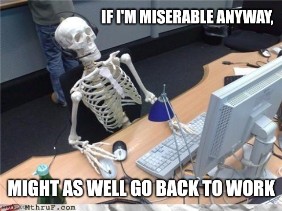 Waiting skeleton | IF I'M MISERABLE ANYWAY, MIGHT AS WELL GO BACK TO WORK | image tagged in waiting skeleton | made w/ Imgflip meme maker