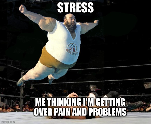 Body slam | STRESS; ME THINKING I'M GETTING OVER PAIN AND PROBLEMS | image tagged in body slam | made w/ Imgflip meme maker