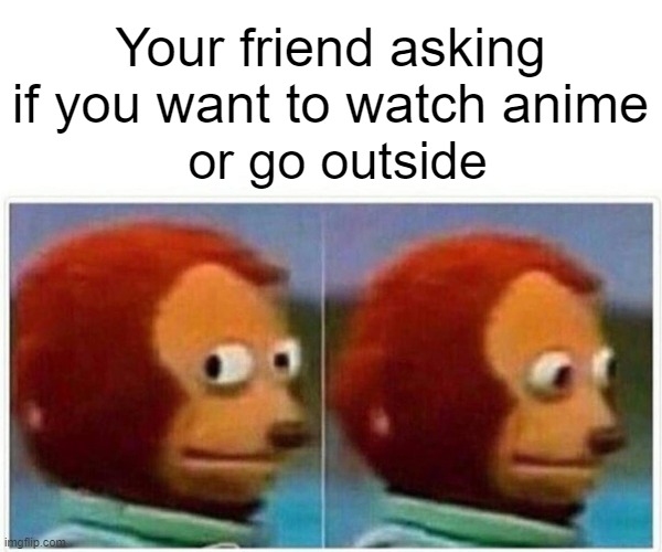 Monkey Puppet Meme | Your friend asking if you want to watch anime; or go outside | image tagged in memes,monkey puppet | made w/ Imgflip meme maker