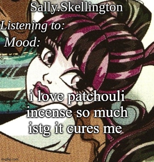 sally's temp | i love patchouli incense so much istg it cures me | image tagged in sally's temp | made w/ Imgflip meme maker