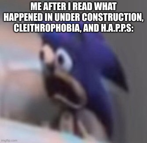 Traumatised Sonic | ME AFTER I READ WHAT HAPPENED IN UNDER CONSTRUCTION, CLEITHROPHOBIA, AND H.A.P.P.S: | image tagged in traumatised sonic | made w/ Imgflip meme maker