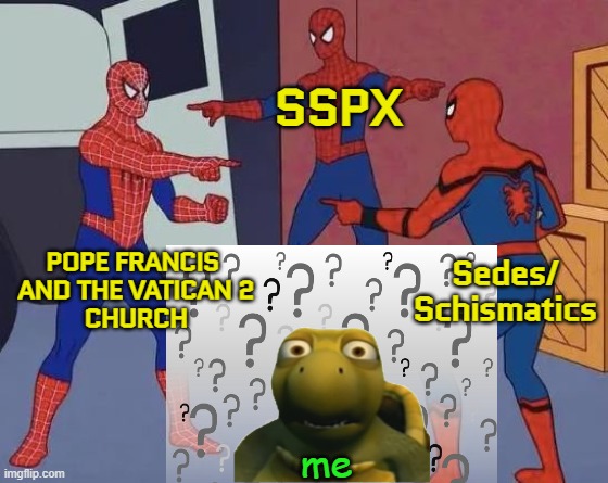 The State of the Modern Catholic Church | POPE FRANCIS 
AND THE VATICAN 2
CHURCH SSPX Sedes/
Schismatics me | image tagged in spider man pointing - 3-way | made w/ Imgflip meme maker