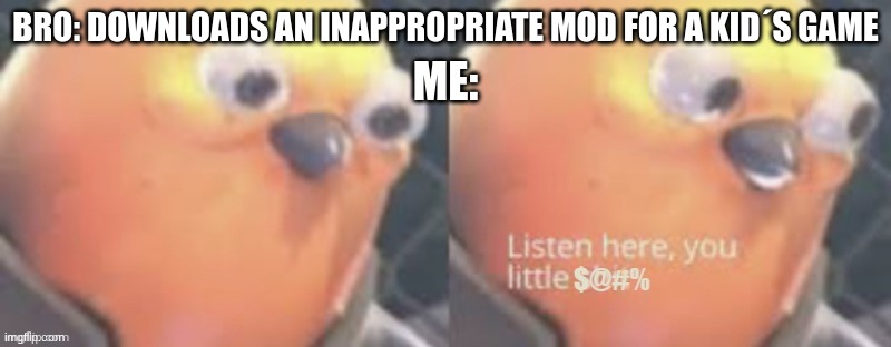 ban inappropriate mods for game | BRO: DOWNLOADS AN INAPPROPRIATE MOD FOR A KID´S GAME; ME: | image tagged in now listen here you little | made w/ Imgflip meme maker